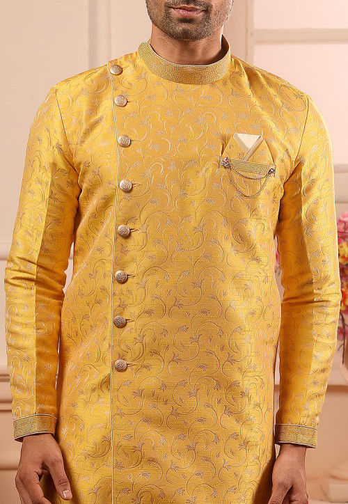 Woven Art Silk Jacquard Asymmetric Sherwani in Yellow : MGV986