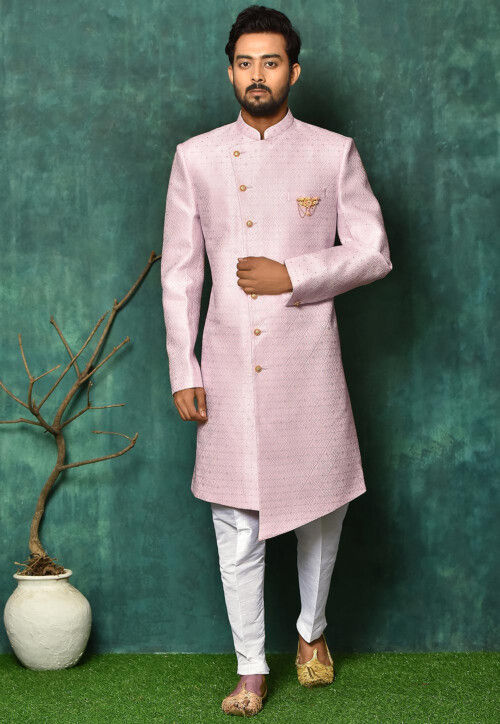 Woven Art Silk Jacquard Asymmetric Sherwani in Pink