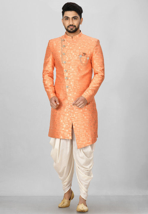 Woven Art Silk Jacquard Asymmteric Sherwani in Peach