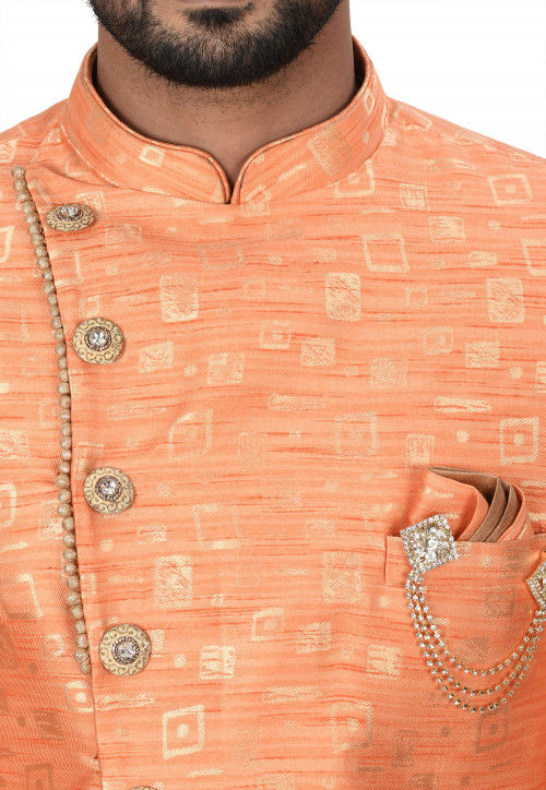 Woven Art Silk Jacquard Asymmteric Sherwani in Peach