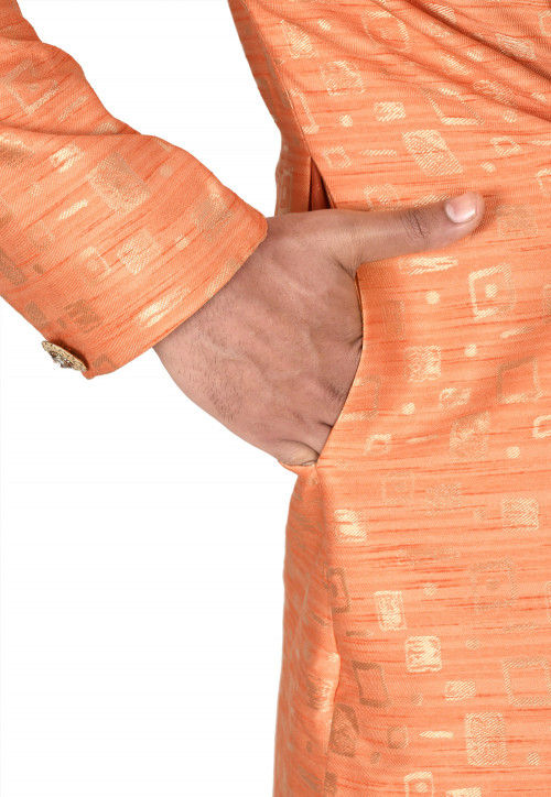 Woven Art Silk Jacquard Asymmteric Sherwani in Peach