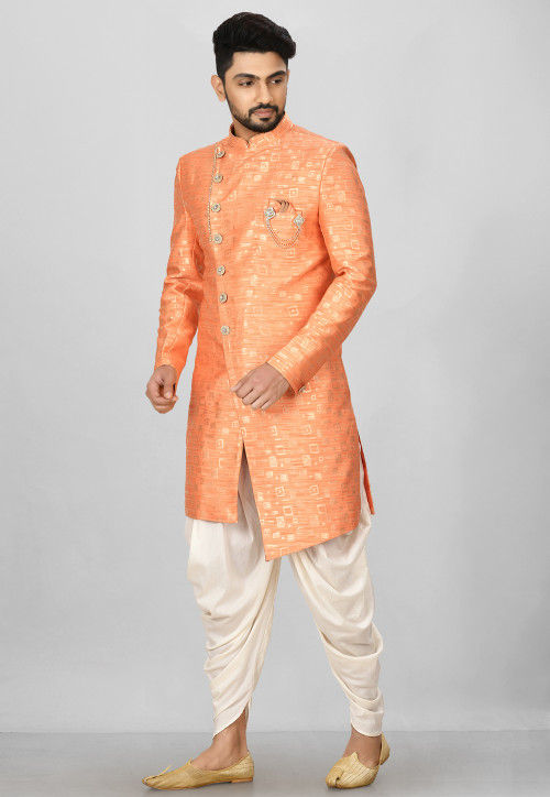 Woven Art Silk Jacquard Asymmteric Sherwani in Peach