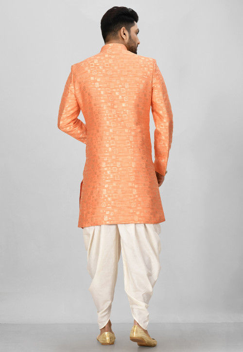 Woven Art Silk Jacquard Asymmteric Sherwani in Peach