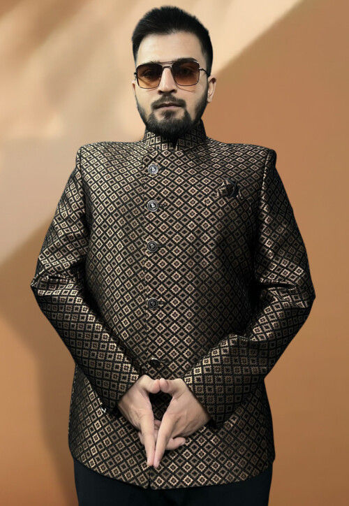 Woven Art Silk Jacquard Bandhgala in Copper and Black MUY1221