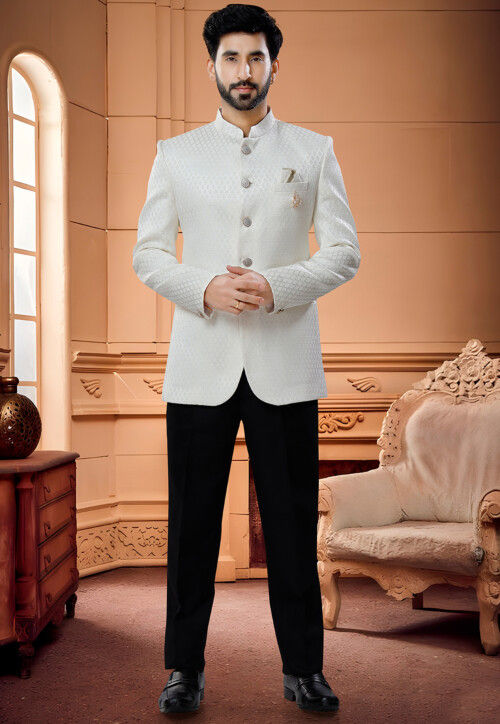Buy Cream Jacquard Engagement Jodhpuri Suit Online