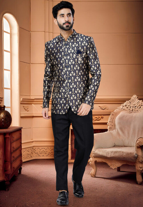 Woven Art Silk Jacquard Bandhgala in Navy Blue MUY708