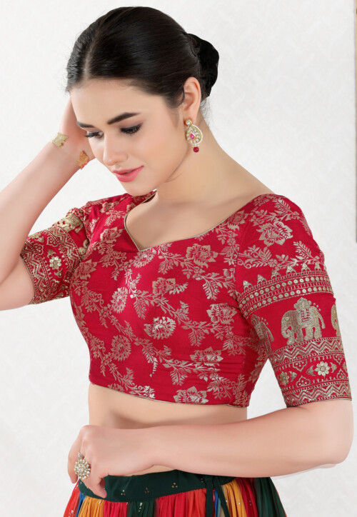 Woven Art Silk Jacquard Blouse in Red : UGX788