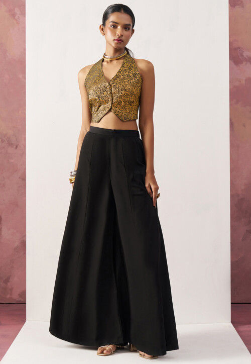 Woven Art Silk Jacquard Crop Top Set in Black and Golden