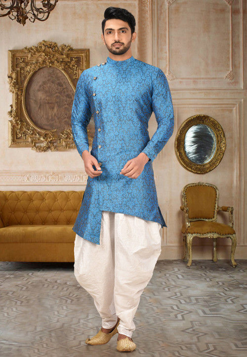 Woven Art Silk Jacquard Dhoti Kurta in Blue