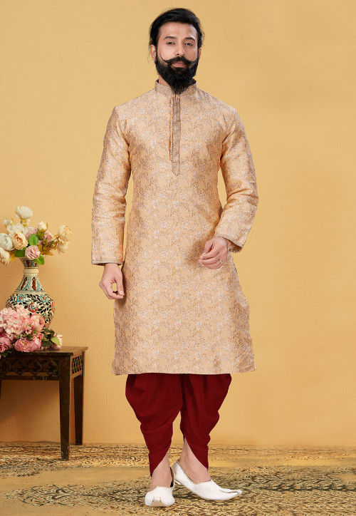 Woven Art Silk Jacquard Dhoti Kurta in Light Peach