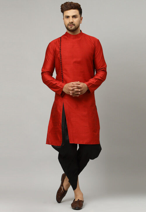 Woven Art Silk Jacquard Dhoti Kurta in Maroon