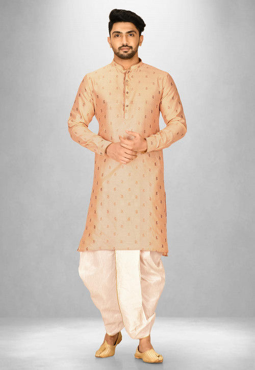 Woven Art Silk Jacquard Dhoti Kurta in Peach