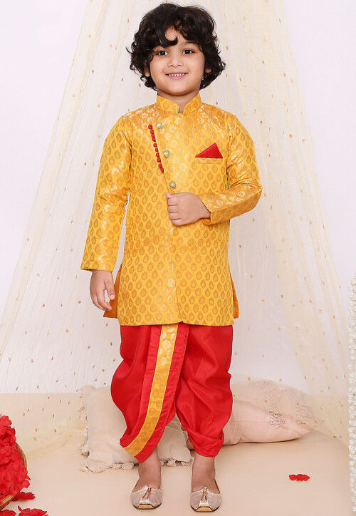 Woven Art Silk Jacquard Dhoti Kurta in Yellow