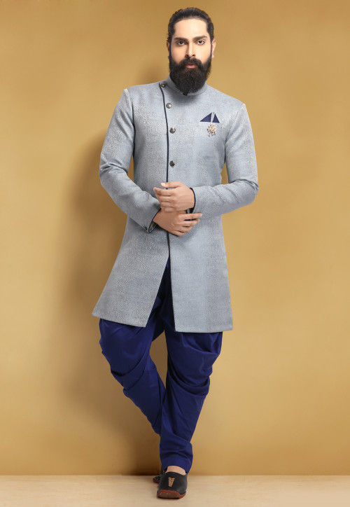 Woven Art Silk Jacquard Dhoti Sherwani in Grey