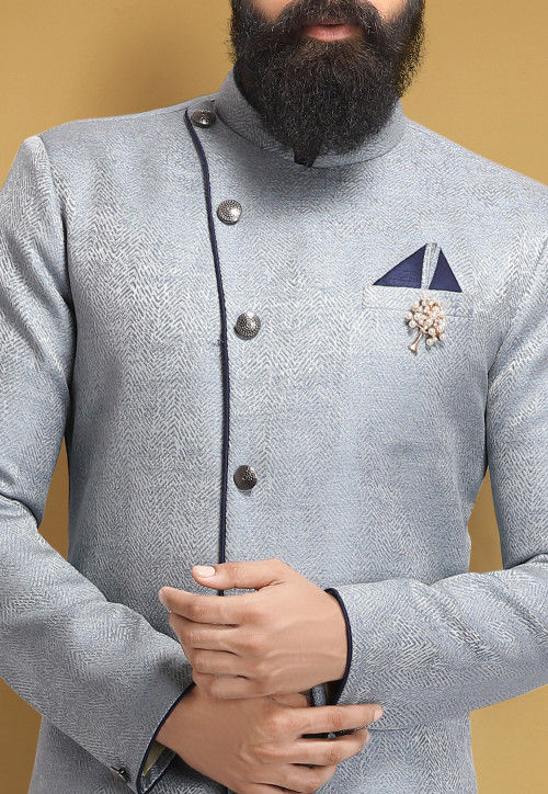 Woven Art Silk Jacquard Dhoti Sherwani in Grey