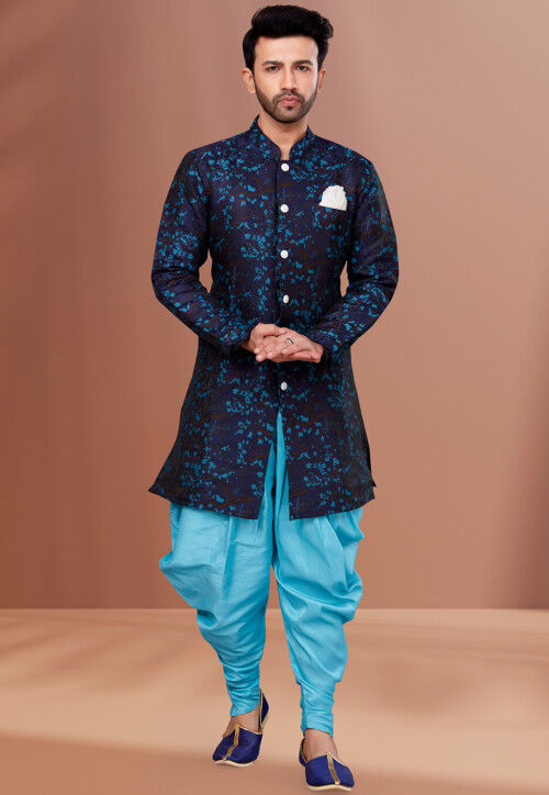 Woven Art Silk Jacquard Dhoti Sherwani in Navy Blue