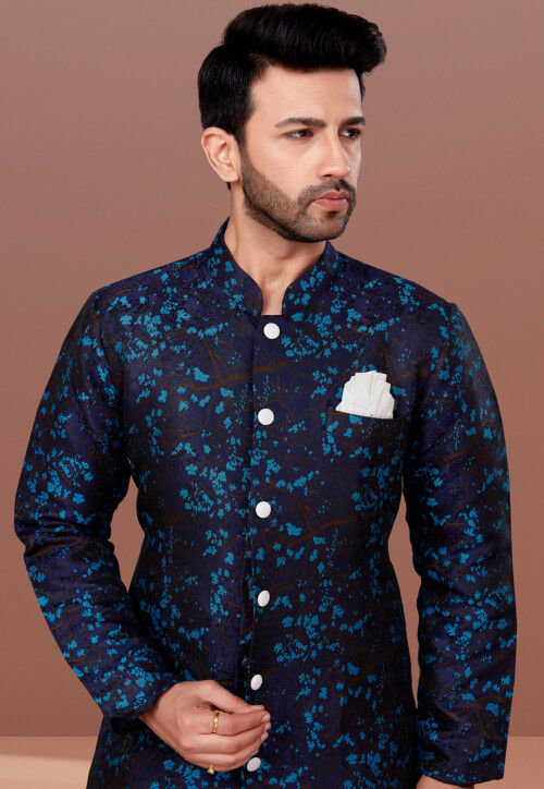 Woven Art Silk Jacquard Dhoti Sherwani in Navy Blue