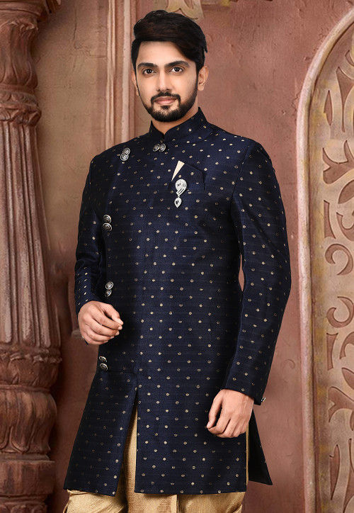 Woven Art Silk Jacquard Dhoti Sherwani In Navy Blue MLC603