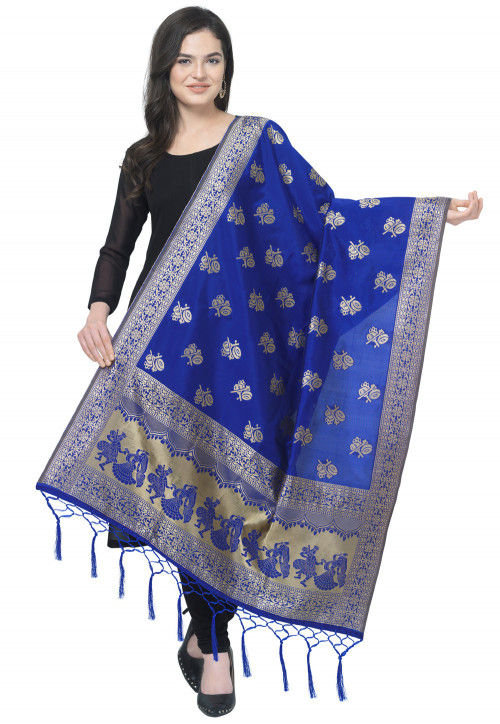 Woven Art Silk Jacquard Dupatta in Blue