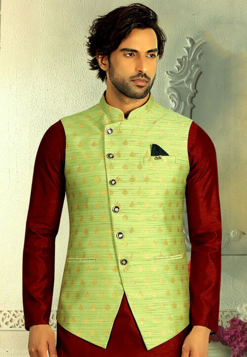 Woven Art Silk Jacquard Jacket in Light Green