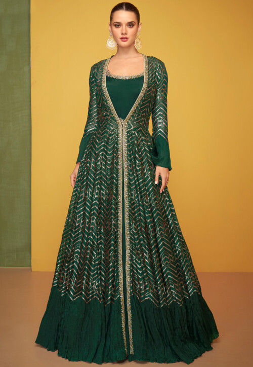 Woven Art Silk Jacquard Jacket Style Gown in Green