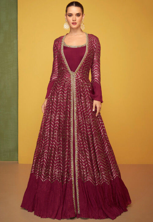 Woven Art Silk Jacquard Jacket Style Gown in Maroon