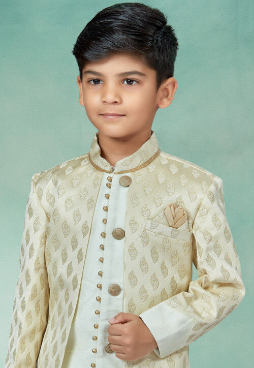 Woven Art Silk Jacket Style Sherwani in Cream and Off White