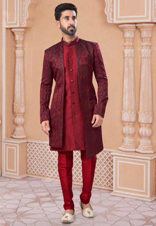 Buy Woven Art Silk Jacquard Jacket Style Sherwani in Maroon Online MUX1305 Utsav Fashion
