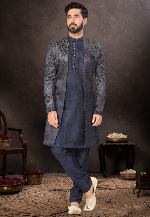 Woven Art Silk Jacquard Jacket Style Sherwani in Navy Blue