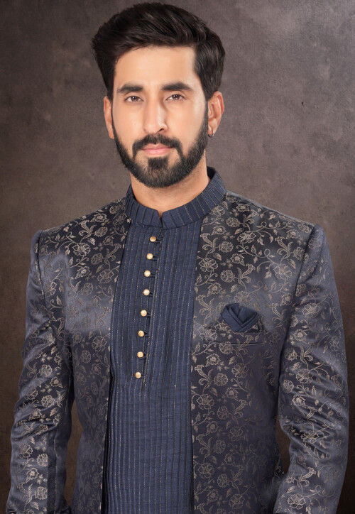 Woven Art Silk Jacquard Jacket Style Sherwani in Navy Blue