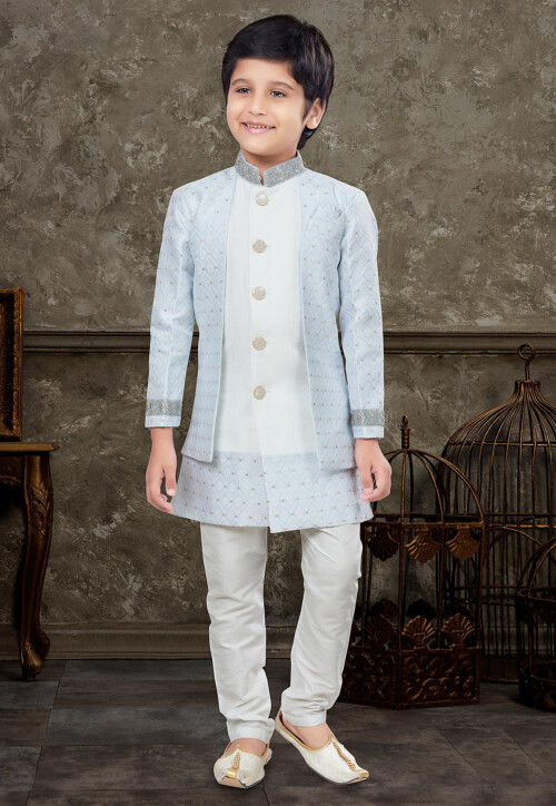 Woven Art Silk Jacquard Jacket Style Sherwani in Sky Blue and White