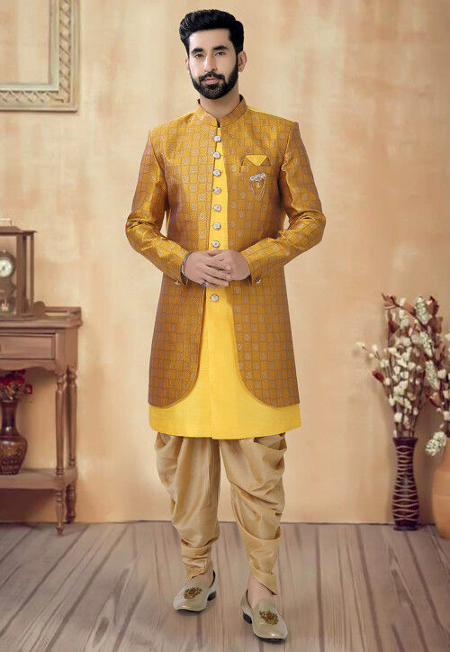 Woven Art Silk Jacquard Jacket Style Sherwani in Yellow