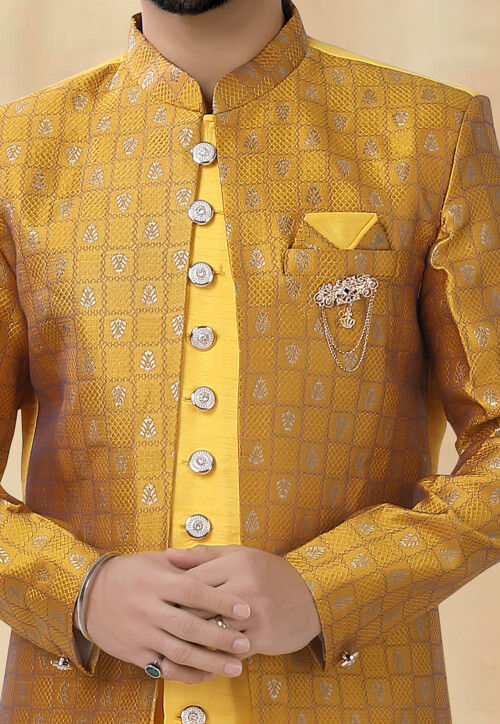 Woven Art Silk Jacquard Jacket Style Sherwani in Yellow