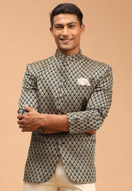 Woven Art Silk Jacquard Jodhpuri Jacket in Black