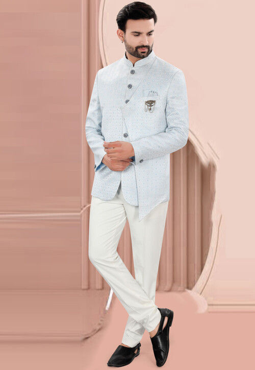 Woven Art Silk Jacquard Jodhpuri Jacket in Light Blue