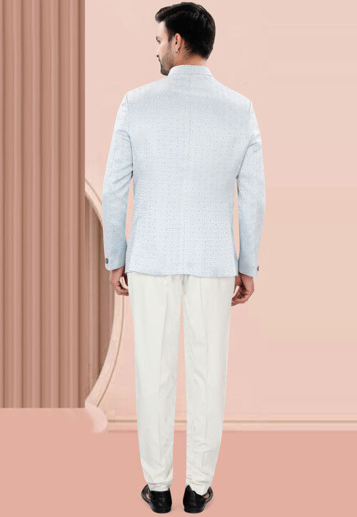 Woven Art Silk Jacquard Jodhpuri Jacket in Light Blue