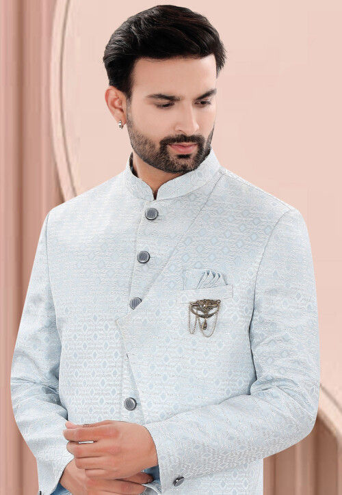 Woven Art Silk Jacquard Jodhpuri Jacket in Light Blue