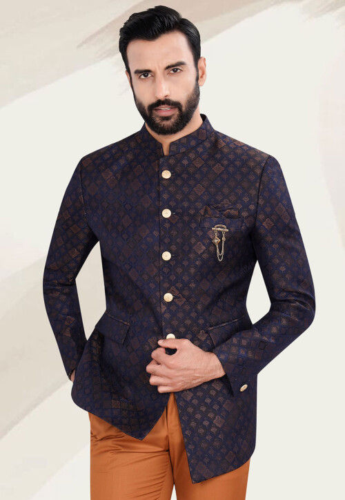 Woven Art Silk Jacquard Jodhpuri Jacket in Navy Blue