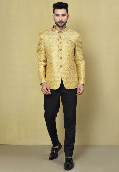 Buy Woven Art Silk Jacquard Jodhpuri Jacket in Yellow Online