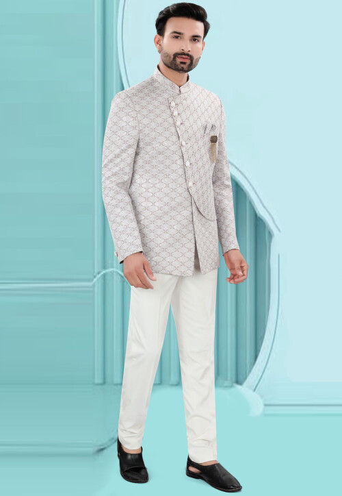 Woven Art Silk Jacquard Jodhpuri Suit in Light Grey