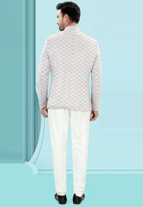 Woven Art Silk Jacquard Jodhpuri Suit in Light Grey