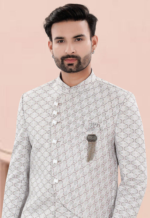 Woven Art Silk Jacquard Jodhpuri Suit in Light Grey