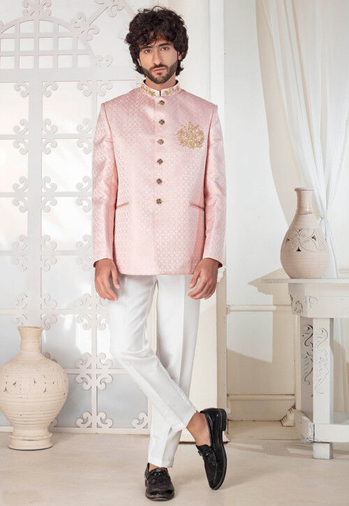 Woven Art Silk Jacquard Jodhpuri Suit in Light Pink