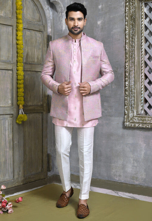 Woven Art Silk Jacquard Jodhpuri Suit in Light Purple