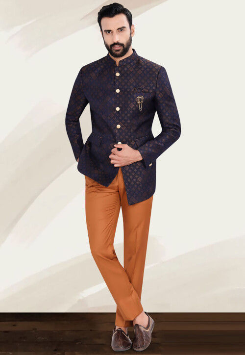 Woven Art Silk Jacquard Jodhpuri Suit in Navy Blue
