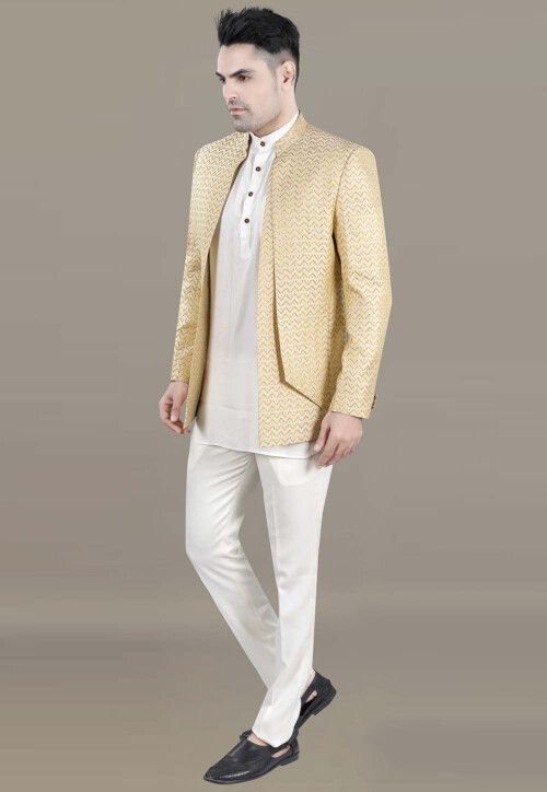 Woven Art Silk Jacquard Jodhpuri Jacket in Light Beige