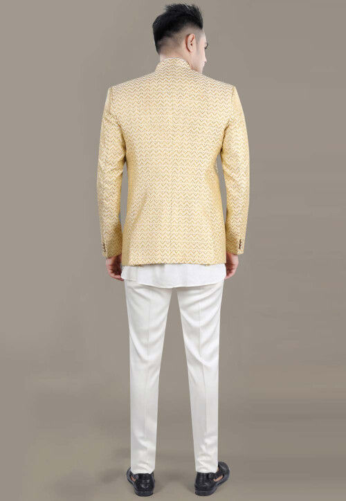 Woven Art Silk Jacquard Jodhpuri Jacket in Light Beige