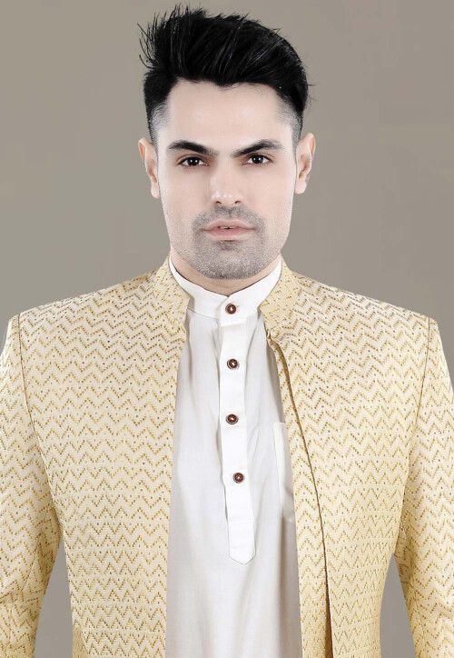 Woven Art Silk Jacquard Jodhpuri Jacket in Light Beige