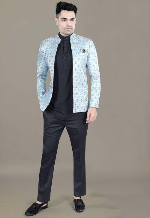 Woven Art Silk Jacquard Jodhpuri Suit in Sky Blue