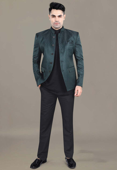 Woven Art Silk Jacquard Jodhpuri Suit in Teal Green